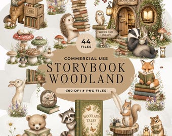 Op de afbeelding: Een digitale collectie van 44 illustraties van bosdieren, waaronder een bever, egel, das, vos, konijn, beer, wasbeer en eekhoorn met boeken, een boekenwinkel in een boomstronk, paddenstoelen en de tekst Storybook Woodland en Woodland Tales.