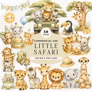 Pode incluir: Uma coleção digital de 58 ilustrações com tema de safári apresentando animais de desenho animado como leões, elefantes, girafas e zebras. Os gráficos incluem animais em um jipe, uma cena de fogueira, bolos e equipamentos, com o texto Little Safari.