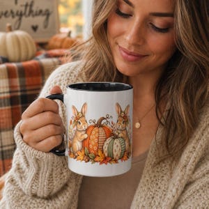 Autumn Bunnies with Pumpkins Mug | Accent Coffee Mug | Fall Patchwork Pumpkin Coffee Cup | Whimsical Storybook Cottagecore Mug | 11oz 15oz