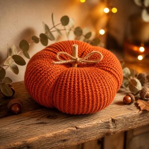 May include: A round, orange, knitted pumpkin decoration featuring a ribbed texture. A light-colored wooden stem sits at the center, adorned with a small, tied jute twine bow. The pumpkin is crafted with a consistent, dense knit pattern.