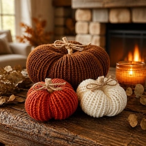 Puede incluir: Tres calabazas decorativas hechas de tela de punto acanalado en tonos marrón, naranja y crema. Cada calabaza presenta un pequeño tallo de madera atado con un trozo de cuerda natural, creando una apariencia redondeada y texturizada.