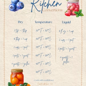 Utskrivbar köksomvandlingstabell | Vintage köksinredning | Måttkalender för matlagning och bakning | Digital nedladdning