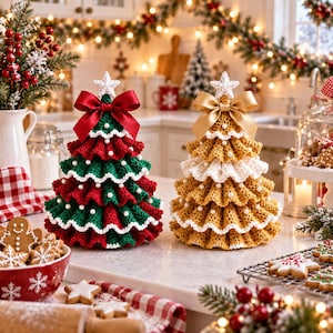 May include: Two cone-shaped crocheted Christmas trees. The left tree is red and green with a red satin bow and white star topper. The right tree is gold and white with a gold satin bow and white star topper. Both feature small white pearl accents.