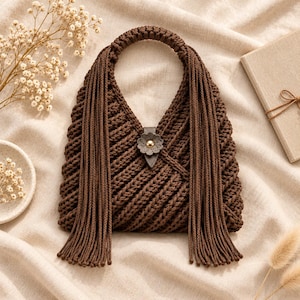 Könnte beinhalten: Eine dunkelbraune gehäkelte Handtasche mit diagonalem Rippenmuster, einem abgerundeten Griff und langen Fransen an beiden Seiten. Die Tasche wird durch eine mittige Lasche verschlossen, die mit einer grauen Blumenapplikation und einem goldenen Nietknopf verziert ist.