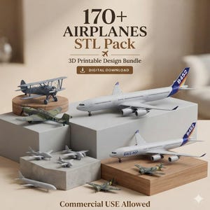 May include: A digital collection of 170+ airplane STL files for 3D printing. The image displays various miniature aircraft models, including commercial jets with B452 markings and military propeller planes, arranged on tiered gray and wooden blocks.