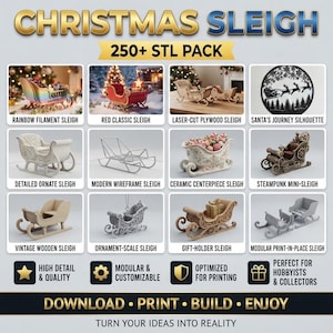 Peut inclure: Une collection numérique intitulée CHRISTMAS SLEIGH 250+ STL PACK présentant divers modèles de traîneaux imprimables en 3D, incluant des versions arc-en-ciel, rouges, découpées au laser, filaires, en céramique, steampunk, bois et modulaires.