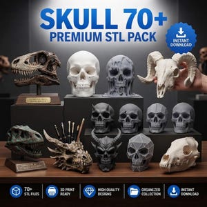 Könnte beinhalten: Eine Sammlung von 3D-druckbaren digitalen Dateien mit dem Titel SKULL 70+ PREMIUM STL PACK. Das Bild zeigt verschiedene Schädelmodelle, darunter Dinosaurierfossilien, menschliche Schädel, gehörnte Kreaturen und geometrische Designs.