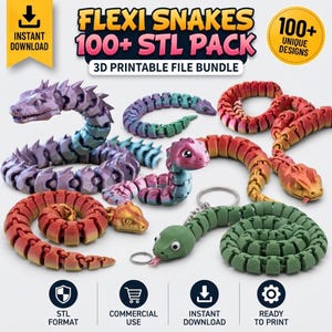 Puede incluir: Un paquete digital de más de 100 archivos STL de serpientes flexibles imprimibles en 3D. La imagen muestra varias figuras de serpientes articuladas en varios colores, incluyendo morado, degradado rojo-naranja y verde, con un llavero en una serpiente.