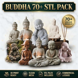 Puede incluir: Una colección digital de más de 70 archivos STL de Buda para impresión 3D. La imagen muestra varias figuras de Buda en poses sentadas, incluyendo un pequeño monje, una figura alienígena e inciensos. Texto: BUDDHA 70+ STL PACK y 70+ UNIQUE MODELS.