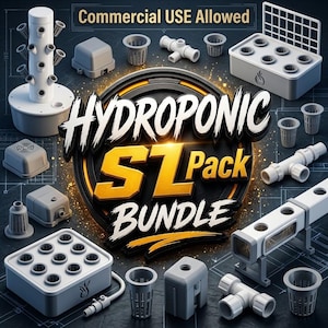 Könnte beinhalten: Ein Hydroponic S1 Pack Bundle mit einem vertikalen Turm, rechteckigen Pflanzschalen mit Netztöpfen, verschiedenen weißen PVC-Rohrverbindern und kleinen grauen Pumpenkomponenten. Das zentrale Grafikdesign zeigt den Text Hydroponic S1 Pack BUNDLE.
