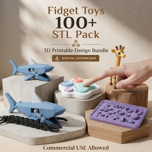 Op de afbeelding: Een digitaal downloadpakket met 3D-printbaar fidget-speelgoed, waaronder twee blauwe haaien, een giraf, een witte pootvormige popper en een paars rechthoekig sensorisch bord. De tekst luidt Fidget Toys 100+ STL Pack.