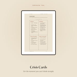 May include: A rectangular document titled Crisis Cards with a beige background and black text. The page is divided into four sections labeled Shutdown, RSD Spiral, Sensory Overwhelm, and Before You Send That, each containing numbered lists.