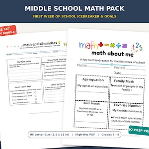 May include: A two-page middle school math printable set featuring "Math About Me" and "Math Goals & Mindset" worksheets. The pages include sections for name, date, period, age equations, family math, birth month, and favorite number calculations.