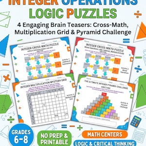 Może przedstawiać: Zestaw czterech arkuszy do druku zatytułowanych Integer Operations Logic Puzzles dla klas 6-8. Strony zawierają krzyżówki matematyczne, siatkę mnożenia oraz wyzwanie piramidy z kolorową grafiką i symbolami matematycznymi.