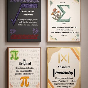 Puede incluir: Cuatro láminas rectangulares de pared con símbolos matemáticos y textos motivacionales. La superior izquierda es negra con una raíz cuadrada, la superior derecha es crema con un símbolo sigma, la inferior izquierda es blanca con pi y la inferior derecha es crema con barras de valor absoluto.