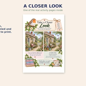 May include: A printable activity page titled Take a Closer Look featuring a spot-the-difference game with two garden scenes, a robin illustration, a stack of books labeled People, Places, Stories, Realities, Everyday Moments, and a teacup.