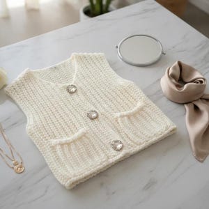 Cardigan Vest | Cream Chunky Knit with Crystal Buttons and Pockets