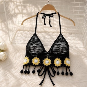 Crochet Halter Top | Black Daisy Pattern with Adjustable Ties