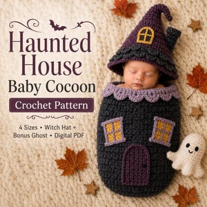 Peut inclure: Un cocon pour bébé en crochet gris foncé en forme de maison avec un chapeau de sorcière violet, des fenêtres jaunes et une porte violette. Le texte indique Haunted House Baby Cocoon Crochet Pattern, 4 Sizes, Witch Hat, Bonus Ghost, Digital PDF.