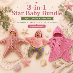 Może przedstawiać: Cyfrowy wzór szydełkowy PDF 3-w-1 Star Baby Bundle zawierający girlandę w gwiazdki, strój rozgwiazdy i kocyk z kieszenią w kształcie gwiazdy. Obraz przedstawia trzy szydełkowane przedmioty: brudnoróżowy śpiworek w kształcie gwiazdy, różowo-zielony strój rozgwiazdy oraz jaskraworóżowy kocyk w kształcie gwiazdy.
