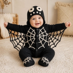 Peut inclure: Une grenouillère pour bébé en crochet noir avec un motif de toile d'araignée en fil crème sur la poitrine et les pieds. Le vêtement comprend une capuche avec deux grands yeux circulaires crème et des ailes en crochet noir sur les manches.
