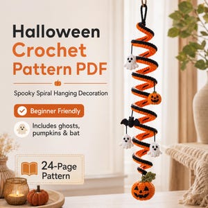Halloween Crochet Spiral Pattern PDF, Ghost Pumpkin Bat Hanging Mobile, Beginner Amigurumi Decor