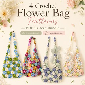 Crochet Flower Bag Patterns Bundle, 4 Floral Shoulder Bag PDF Patterns, Beginner Friendly