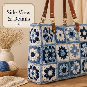 Blue Granny Square Tote Bag Crochet Pattern PDF, Floral Patchwork Purse, Beginner Tutorial