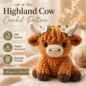 Highland Cow Crochet Pattern PDF, Beginner Amigurumi Plush, Floral Farm Animal Tutorial, Digital Download