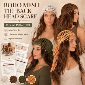 Peut inclure: Un patron de crochet numérique en PDF pour un foulard à nouer avec un motif en maille. Le document présente quatre variantes de couleurs : blanc, marron, vert olive et un mélange orange et jaune, chacune ornée de petites breloques.
