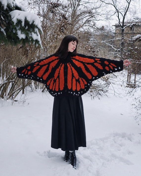 Monarch Butterfly Cardigan Crochet Pattern PDF, Oversized Wing Sweater, Tapestry Colorwork, XS-5XL