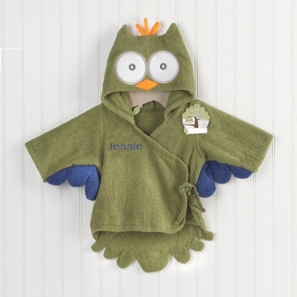 Owl bath robe hooded personalized monogram baby green