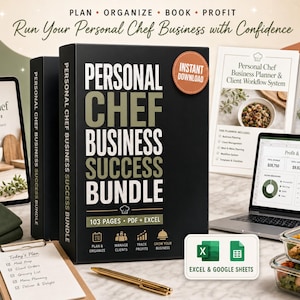 Peut inclure: Un ensemble de réussite pour chef personnel comprenant une boîte noire avec du texte blanc et doré, une tablette affichant un planificateur, un ordinateur portable avec un tableau de bord de profit, un presse-papier et deux récipients en verre.