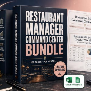 Peut inclure: Un ensemble Restaurant Manager Command Center Bundle comprenant un classeur PDF et Excel de 101 pages. La boîte noire affiche le titre, une image d'intérieur de restaurant et un badge de téléchargement instantané. Inclut des pages imprimées, un mug noir.
