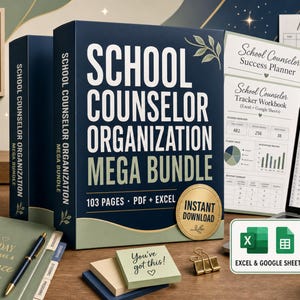 Peut inclure: Un ensemble de produits numériques School Counselor Organization Mega Bundle comprenant une boîte classeur bleu foncé avec texte blanc, un ordinateur portable affichant des graphiques, un carnet à spirales, une pomme dorée et des notes autocollantes.