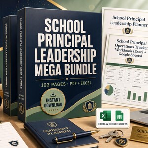 Può includere: Un School Principal Leadership Mega Bundle che include un raccoglitore blu scuro con 103 pagine in formato PDF ed Excel. Include un'agenda abbinata, una tazza blu navy con l'etichetta Principal Leader Mentor, un computer portatile e una targhetta.