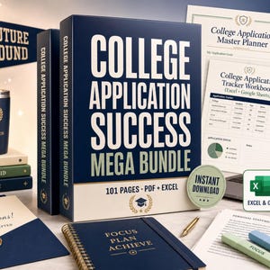 Peut inclure: Un kit College Application Success Mega Bundle comprenant un grand classeur bleu, un carnet à spirales marqué Focus Plan Achieve, un planificateur, un classeur de suivi, une enveloppe de félicitations et un gobelet bleu avec un logo.