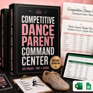 Peut inclure: Un ensemble de planification Competitive Dance Parent Command Center comprenant un classeur noir avec texte rose, un suivi budgétaire numérique sur tablette, un presse-papier avec le texte Plan Prepare Support Cheer Repeat, un chausson et un cordon.