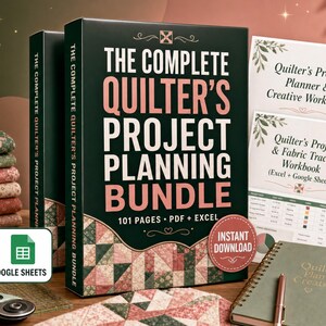 Peut inclure: Un ensemble de produits numériques intitulé The Complete Quilter's Project Planning Bundle, comprenant 101 pages aux formats PDF et Excel. Inclut un planificateur imprimé, un suivi de tissu et des icônes Excel et Google Sheets pour le quilting.