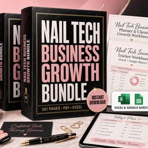 Peut inclure: Un ensemble Nail Tech Business Growth Bundle comprenant une boîte noire avec bordure dorée et texte blanc, incluant un classeur PDF et Excel de 101 pages. L'ensemble contient une tablette avec un planning, un stylo, des vernis et un mug.