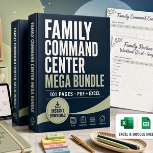 Pode incluir: Um Family Command Center Mega Bundle com um fichário azul-escuro com texto branco, 101 páginas em formatos PDF e Excel, um selo de download instantâneo, um calendário digital, uma agenda, uma lista de compras e um rastreador de rotinas.