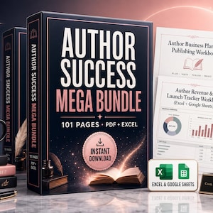 May include: A digital product bundle titled Author Success Mega Bundle featuring a black box with pink text, 101 pages, PDF and Excel files, an Author Business Planner, an Author Revenue and Launch Tracker, a black mug, and a black pen.