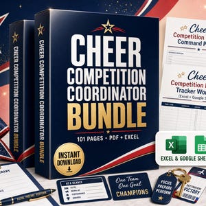 Könnte beinhalten: Ein Cheer Competition Coordinator Bundle mit einer dunkelblauen Box, 101 Seiten, PDF- und Excel-Dateien, einem goldenen Pokal, einer blauen Glitzerschleife, einem Wettbewerbsplan, einem Stift, einem Taschenrechner und verschiedenen Karten.