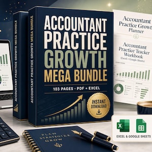 Può includere: Un raccoglitore blu scuro intitolato Accountant Practice Growth Mega Bundle con 103 pagine, file PDF ed Excel. Include un portatile con un dashboard, una calcolatrice, un quaderno a spirale, una penna stilografica e una tazza di caffè.