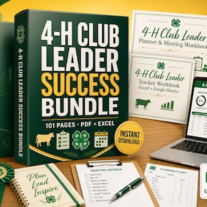 Peut inclure: Un ensemble 4-H Club Leader Success Bundle comprenant un classeur vert et des fichiers numériques. Inclut un PDF de 101 pages, des outils de suivi Excel et Google Sheets, un ordre du jour, une feuille de présence, un carnet Plan Lead Inspire et une casquette verte avec un logo trèfle.