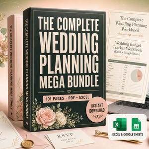 Peut inclure: Un coffret vert foncé intitulé The Complete Wedding Planning Mega Bundle avec 101 pages, fichiers PDF et Excel. Comprend un ordinateur portable affichant un suivi budgétaire, un classeur de planification, une carte RSVP, un écrin et des fleurs.
