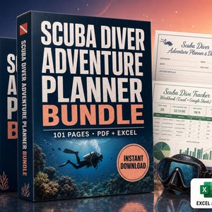 Peut inclure: Un ensemble Scuba Diver Adventure Planner Bundle comprenant une boîte bleu foncé avec du texte blanc et pêche, incluant 101 pages en formats PDF et Excel. Le kit contient un journal de plongée, un suivi, un masque et un détendeur.