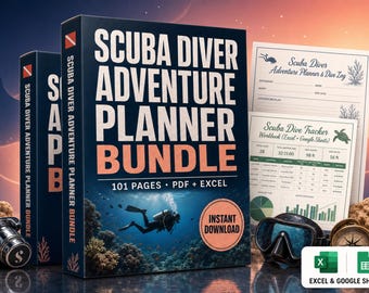 May include: A Scuba Diver Adventure Planner Bundle featuring a dark blue box with white and peach text, including 101 pages in PDF and Excel formats. The set includes a dive log, tracker, scuba mask, and regulator, with an instant download badge.