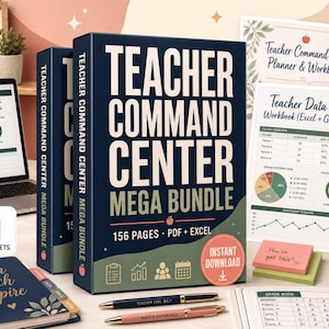 Peut inclure: Un ensemble de produits numériques Teacher Command Center Mega Bundle comprenant une boîte bleu foncé avec du texte blanc, un ordinateur portable affichant un tableau de bord, des cahiers imprimés, un agenda, un mug, deux stylos et un carnet.