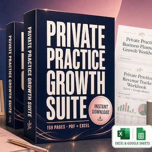 May include: A dark blue box set titled Private Practice Growth Suite with 159 pages, PDF and Excel files. Includes printed workbooks for business growth and revenue tracking, a mug labelled therapist entrepreneur, and a notebook with a pen.